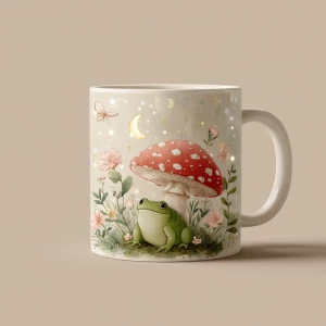 Cute pastel cottagecore mug design illustration of a small green...