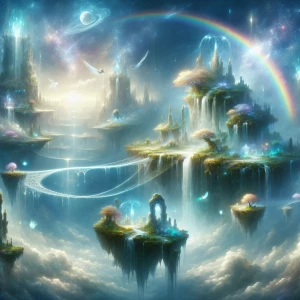 A breathtaking view of a floating island, with cascading waterfalls pouring into an endless sky. Ethereal bridges connect the island to smaller floating rocks adorned with glowing, enchanted flowers. A rainbow arches across the horizon, and faintly visible in the distance are other floating realms, glimmering softly in the sunlight