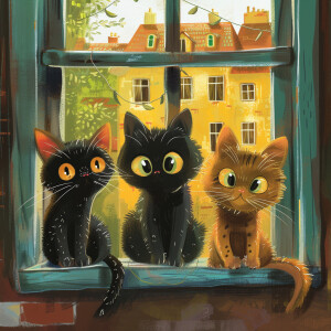 A cartoon of three mischievous cats sitting on a ledge, looking...