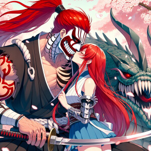 Renji Abarai from the anime “Bleach” kisses Erza Scarlet from th...