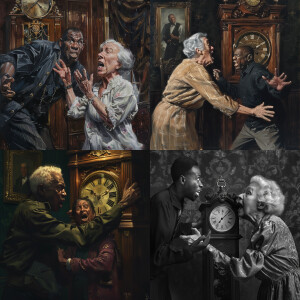 Black man angrily snatches grandfather clock from elderly white...