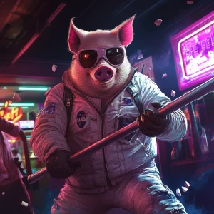A cartoonishly realistic pig in a vintage white NASA-style space...