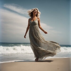 Very Low angle shot of slender adult woman with graying hair wea...