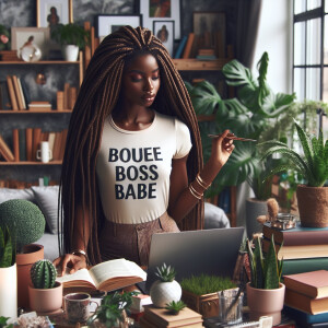 A powerful African American woman in her study wearing a shirt t...
