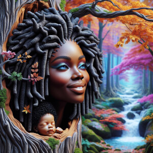 Create a close-up, hyper-realistic 3-D oil painting of a tree wi...