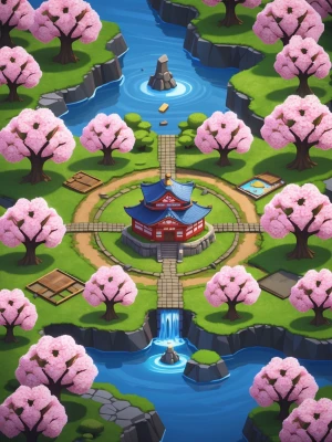 A Japanese-style game board in Rush Royale with sakura trees