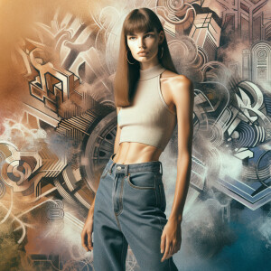 Athletic Thin skinny Attractive, Asian teenage girl, long brown hair and bangs, wearing tight skinny jeans and a halter top paint marks on her clothing, heroic pose Asian graffiti background, side view