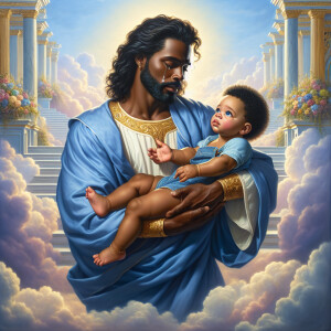 Classical oil painting style depicting an African-American Jesus...