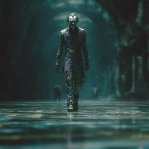 A decayed Lovecraftian Joker with skeletal features and stringy...