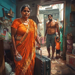 Digital art 1:1, a 54-year-old Gujarati housemaid wearing a brig...