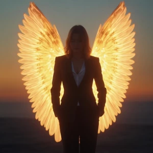 Generate an full body image depicting a female guardian angel in...