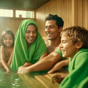 dad, mom, boy, girl are having fun in the sauna. they are smilin...