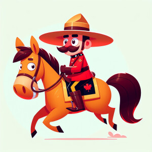 A comical caricature of a canadian mounty on his horse in the st...
