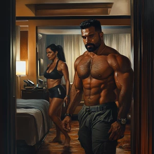 a muscular, sweaty man entering a New York hotel room, accompani...