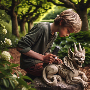 An american boy is carving a sculpture of The Devil in a garden