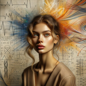 Abstract, minimalist, painting, with pencil line, paint stroke, gestures, colorful marks, mathematical equations, electrical cardiogram, printouts complex math formulas, dna asian teen girl