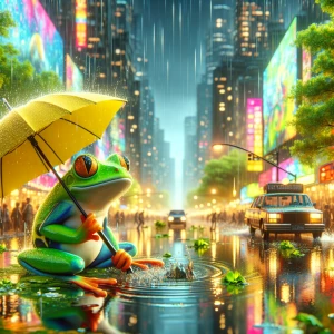Vibrant color palette, rainy spring day: a anamorphic frog holdi...