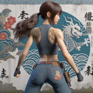 Athletic Thin skinny Attractive, Asian teenage girl, long brown hair and bangs, wearing tight skinny jeans and a halter top paint marks on her clothing, heroic pose Asian graffiti background, backside view