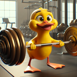 2D animated duck struggling to lift weights