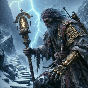 A grizzled, battle-hardened steampunk samurai warrior, clad in t...