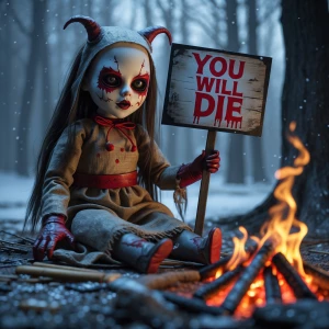 Creepy evil doll with burlap mask that makes her look evil, sitt...