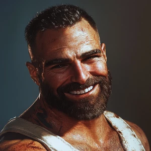 White muscular thin man with beard, big chin, smile and cheekbon...