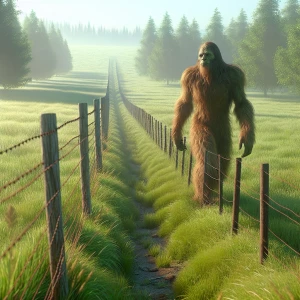 A huge green field with a long fence showing a humanoid looking hair covered sasquatch gingerly walking right over the fence