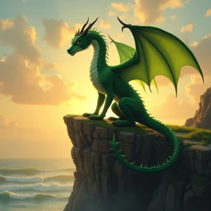 majestic emerald-green dragon perched on a rocky cliff at sunset...