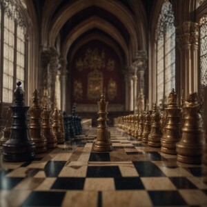 Design a realistic chess set themed around medieval life, featur...