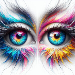 multicolored eyes, prominently featuring shades of blue, pink, a...