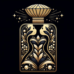 Design a fancy, black and gold bottle of perfume in the shape of a woman’s body. With a golden diamond top, flowers pearls and Diamonds in the name, Karen