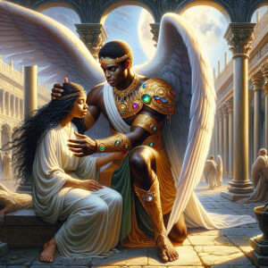 Create an oil painting image featuring a male angel and a grievi...