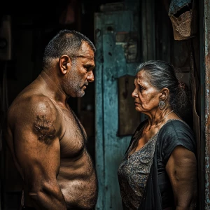 Realism,photo style, a muscular sweaty employer criminal man eve...