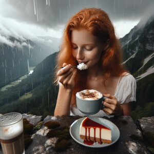 Ginger girl eating Cheesecake with cap of cappuccino on the top...