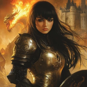 Design an image featuring a stoic female knight in medieval armor, posing heroically with a sword, against a backdrop of a fire-breathing dragon and a majestic castle. She has long, straight black hair with bangs, dark expressive eyes emphasized by eyeliner and eyeshadow, and arched, well-defined eyebrows. Her fair to medium skin tone is complemented by a warm, friendly smile with dimpled cheeks, a straight, well-proportioned nose, and full lips. The knight brandishes a shield, defending against the dragon's fiery onslaught, embodying the essence of a brave warrior engaged in battle.