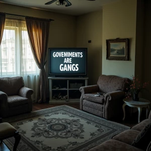 A war destroyed and vandalized middle eastern home with a tube tv that says “GOVERNMENTS ARE GANGS” on the screen