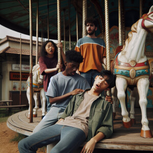The boy is sitting on an old carousel unconscious. There are fri...