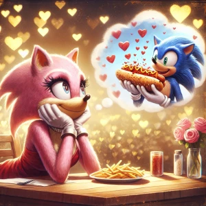 realistic watercolor. she Amy Rose hedgehog from Sonic, elbows resting on a wood table, one hand under her chin, deep in thought and in love looking up at a thought bubble with (((a greedy happy blue Sonic the Hedgehog munching on a spicy hotdog making a lot of mess))) in the thought bubble. soft gold bokeh hearts bg. no extra details