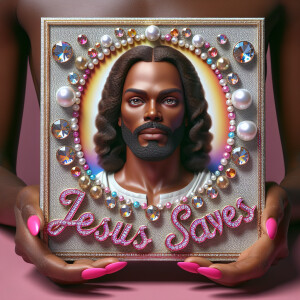 A 3D realistic artwork featuring the phrase 'Jesus Saves' adorne...