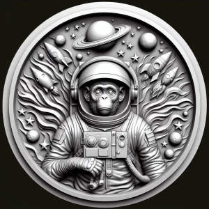 Astronaut monkey, grayscale 3d bas relief, round border