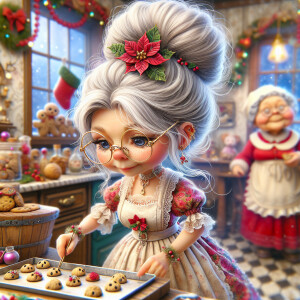 Full view of a Whimsical, hyper realistic,Cute old Mrs Claus whi...