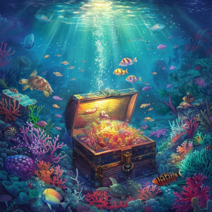 **Prompt**: Create an image that depicts a treasure chest in a b...