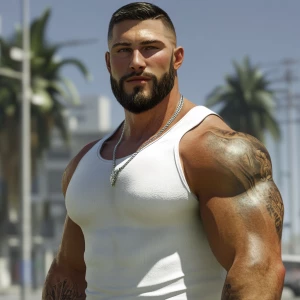 White muscular thin man with beard, big chin, smile and cheekbon...