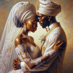 Imagine a hyper-realistic oil painting that captures a tender moment between theAfrican American bride and her God. The setting is intimate and filled with soft, warm lighting that enhances the emotional depth of the scene. The bride, in herexquisite wedding gown, shares a heartfelt embrace with her african-American Lord Jesus , who is dressedin an elegant outfit that complements the wedding's color scheme. Their expressions are full of love, pride, and joy, reflecting the special bond between them. Theattention to detail is paramount, from the intricate designs of their dresses to the subtle emotions conveyed in their facial expressions. The background is a blur ofgentle pastel hues, ensuring that the focus remains on this touching moment. Thispainting should convey the warmth, love, and depth of the relationship, with the rich textures and vibrant strokes characteristic of oil paintings, capturing the essence of this significant pre-wedding moment.