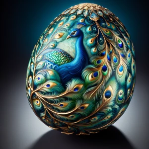 Create an image of an exquisitely crafted Faberge egg, featuring...