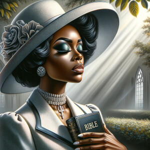 Render an airbrush oil painting of an African American woman with flawless makeup in a
contemplative pose, holding a Bible close to her heart, dressed in an elegant Sunday Best
outfit with a distinctive Church Hat. The background features a peaceful church garden,
with light filtering through the trees, highlighting her spiritual connection and the personal
moment of reflection. The artwork should capture the tranquility of the scene, the beauty
of her attire, and the depth of her contemplation, reflecting a serene and spiritually