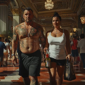 Hyperrealism-photo fantasy,A sweaty tattoed muscular  man walkin...