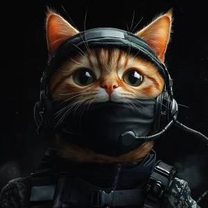 A wide-eyed ginger cat wearing a black tactical balaclava (or ma...