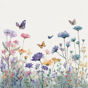 Wildflower field, butterflies flying, in vintage watercolor styl...