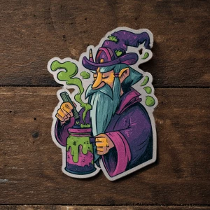Create a sticker for hand-drawn wizard brewing coffee, fun bold...
